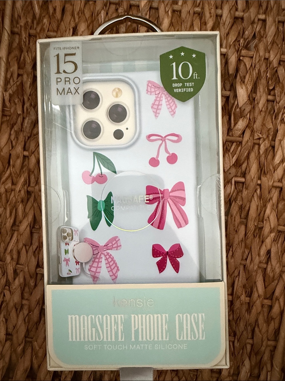 Kensie White MagSafe iPhone 15 Pro Max Case with Pink & Green Bows and Cherries